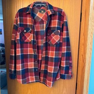 Classic Plaid Button-Down Shacket in red, orange and black